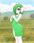  1girl :o blush bob_cut breasts day dress feet_out_of_frame from_side gardevoir green_dress green_hair hair_ornament hairclip hands_up highres kionant looking_at_viewer medium_breasts medium_hair no_panties outdoors parted_lips photo_background pokemon pokemon_(creature) red_eyes signature solo standing 