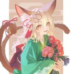  1girl :d animal_ear_fluff animal_ears bell blonde_hair bouquet cat_ears fangs flower hair_ornament highres iranon_(new_iranon) japanese_clothes kimono long_hair long_sleeves looking_at_viewer nekomata orange_eyes original smile tail traditional_clothes 