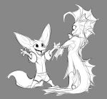 animal_humanoid anthro big_ears black_and_white canid canine clothing duo elranno fennec fennec_boy_(elranno) fish fish_boy_(elranno) fish_humanoid fox humanoid male male/male mammal marine marine_humanoid monochrome open_mouth size_difference sketch swimwear water_wings young 