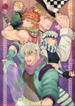  5boys battle_tendency blonde_hair bubble caesar_anthonio_zeppeli checkered_clothes checkered_headwear facial_mark feather_hair_ornament feathers fingerless_gloves ganbaru_(woainini) gloves green_eyes hair_ornament hat headband hydrokinesis jojo_no_kimyou_na_bouken male_focus multiple_boys multiple_persona official_alternate_costume platinum_blonde_hair red_hair ribbon scarf striped striped_scarf top_hat triangle_print water white_hair yellow_eyes 