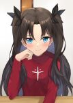  1girl arm_rest arm_support black_hair black_ribbon blue_eyes blush commentary fate/stay_night fate_(series) highres looking_at_viewer medium_hair red_sweater ribbon smile solo sweater table tohsaka_rin turtleneck turtleneck_sweater yuyuenimo 