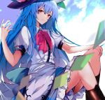  1girl back_bow bangs black_headwear blue_hair blue_sash blush boots bow brown_footwear buttons closed_mouth cross-laced_footwear frills highres hinanawi_tenshi invisible_chair knees krs_(kqrqsi) long_hair looking_at_viewer puffy_short_sleeves puffy_sleeves rainbow_order red_eyes sash short_sleeves sidelocks sitting solo touhou 