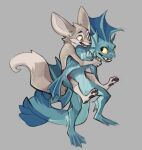 animal_humanoid anthro big_ears blue_body blue_skin brown_body brown_fur canid canine carrying elranno fennec fennec_boy_(elranno) fin fish fish_boy_(elranno) fish_humanoid fox frill_(anatomy) fur gills humanoid male male/male mammal marine marine_humanoid nude pawpads piggyback yellow_eyes yellow_sclera 