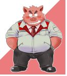  2022 anthro blush bottomwear clothing domestic_pig eyes_closed kemono male mammal necktie overweight overweight_male pants shirt solo suid suina sus_(pig) topwear toshi_(artist) 