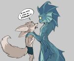  animal_humanoid anthro big_ears blue_body blue_skin bottomwear brown_body brown_fur canid canine clothing dialogue duo elranno english_text fennec fennec_boy_(elranno) fin fish fish_boy_(elranno) fish_humanoid fox frill_(anatomy) fur gills hands_on_shoulders humanoid male male/male mammal marine marine_humanoid meme nude shorts speech_bubble text yellow_eyes yellow_sclera 