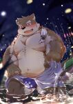  anthro asian_clothing bathing belly blush cai_yuwang canid canine canis clothing domestic_dog east_asian_clothing eyebrows fundoshi hot_spring japanese_clothing lifewonders male mammal moritaka musclegut night nipples pecs solo thick_eyebrows tokyo_afterschool_summoners towel underwear video_games water 