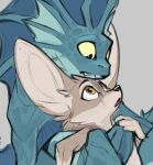  :o animal_humanoid anthro big_ears blue_body blue_skin brown_body brown_fur canid canine duo elranno embrace fennec fennec_boy_(elranno) fish fish_boy_(elranno) fish_humanoid fox frill_(anatomy) fur humanoid male male/male mammal marine marine_humanoid open_mouth stare yellow_eyes yellow_sclera 