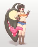  1girl bad_id bad_twitter_id bandeau bangs black_hair blue_shorts blunt_bangs blush breasts denim denim_shorts extra_mouth eyebrows_visible_through_hair fewer_digits full_body gradient_skin hand_on_hip humanization kionant long_hair looking_at_viewer mawile micro_shorts navel parted_lips pokemon pokemon_(creature) red_eyes saliva shorts solo strapless sunglasses tube_top underboob v wristband 