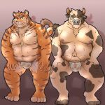  2022 anthro asian_clothing belly bodily_fluids bovid bovine cattle clothing duo east_asian_clothing felid fundoshi humanoid_hands japanese_clothing kemono male male/male mammal moobs navel nipples overweight overweight_male pantherine poisonkinoko sitting sweat tiger underwear white_clothing white_fundoshi white_underwear 
