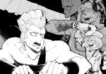  3boys crawling devo doll earrings ebony_devil flattop greyscale hair_dryer hand_on_own_face hat jean_pierre_polnareff jewelry jojo_no_kimyou_na_bouken monochrome multiple_boys scar sempon_(doppio_note) stand_(jojo) stardust_crusaders under_bed 