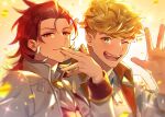  2boys bangs blonde_hair blush closed_mouth collared_shirt confetti feather_boa granblue_fantasy green_eyes hand_up idol jacket looking_at_viewer male_focus multiple_boys necktie official_alternate_costume one_eye_closed open_clothes open_jacket open_mouth percival_(granblue_fantasy) red_eyes red_hair satoimo_sanda shirt short_hair smile undercut upper_body vane_(granblue_fantasy) white_jacket white_shirt 