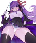  1girl :q bangs bb_(fate) black_legwear black_robe black_skirt blush bow breasts contrapposto cowboy_shot eyebrows_visible_through_hair fate/extra fate/extra_ccc fate_(series) gloves hair_bow hair_ribbon high-waist_skirt highres large_breasts leotard leotard_under_clothes long_hair looking_at_viewer microskirt neck_ribbon pleated_skirt pointer purple_eyes purple_hair purple_ribbon purple_robe red_bow red_ribbon ribbon skirt solo sumida_bunchou sweatdrop thighhighs thighs tongue tongue_out v-shaped_eyebrows very_long_hair white_gloves white_leotard 