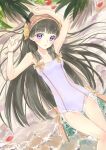 1girl absurdres armpits atelier_(series) atelier_shallie ateliermiyama bare_arms bare_legs beach black_hair blue_eyes blush breasts casual_one-piece_swimsuit collarbone day from_above hair_over_shoulder headdress highres long_hair looking_at_viewer lying on_back one-piece_swimsuit open_mouth outdoors purple_eyes shallistera_(atelier) shiny shiny_hair sketch small_breasts solo swimsuit thigh_gap very_long_hair white_swimsuit 