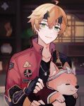  1boy absurdres ahoge animal black_gloves black_shirt blurry blurry_background character_request closed_mouth collarbone commentary dog fingerless_gloves genshin_impact gloves green_eyes highres holding holding_animal holding_dog indoors jacket jewelry light_particles long_sleeves male_focus necklace orange_eyes red_jacket rippajun shirt smile solo sparkle symbol-only_commentary upper_body 