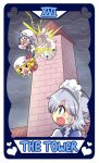  &gt;_&lt; 3girls bangs bat_wings blonde_hair blue_eyes blush colonel_aki commentary_request explosion falling flandre_scarlet izayoi_sakuya multiple_girls open_mouth remilia_scarlet roman_numeral siblings silver_hair sisters standing the_tower_(tarot) touhou wings 