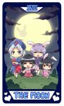  4girls ^_^ animal_ears asymmetrical_clothes bangs black_hair blazer blush closed_eyes closed_mouth colonel_aki commentary_request crossed_arms english_text full_body full_moon grin hat houraisan_kaguya inaba_tewi jacket japanese_clothes long_hair looking_at_viewer moon multiple_girls night nurse_cap open_mouth outdoors parted_bangs rabbit_ears red_eyes reisen_udongein_inaba smile standing suit_jacket tarot the_moon_(tarot) touhou two-tone_dress yagokoro_eirin 