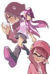  +_+ 1girl arms_behind_back beanie black_skirt blush boots breath callie_(splatoon) clothes_on_shoulders earrings fang gomipomi hat heart heart_print highres jewelry looking_to_the_side miniskirt mole mole_under_eye own_hands_together pink_hair purple_hair skirt skull_brooch solo splatoon_(series) star_brooch tied_hair walking 