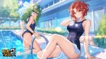  2girls bangs benghuai_xueyuan blue_sky blue_swimsuit breasts building closed_mouth cloud cloudy_sky eyewear_on_head glasses green_eyes green_hair highres honkai_(series) honkai_impact_3rd looking_at_viewer looking_to_the_side multiple_girls murata_himeko official_art on_floor one-piece_swimsuit open_mouth outdoors pool poolside red_hair school_swimsuit sitting sky smile swimsuit third-party_source towel tree water yellow_eyes yssring_leavtruth 