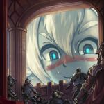  blonde_hair blue_eyes blush castle colored_skin giant giantess knight looking_inside pov vore white_skin window 