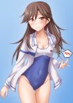  1girl anti_(untea9) arashio_(kancolle) blush breasts brown_eyes brown_hair cleavage closed_mouth collarbone commission eyebrows_visible_through_hair hair_between_eyes highres jacket kantai_collection long_hair one-piece_swimsuit open_clothes open_jacket smile solo swimsuit white_jacket 