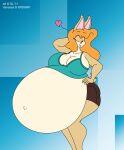  &lt;3 2011 anthro belly big_belly big_breasts bottomwear breasts butt clothing digital_media_(artwork) female fur hair hi_res hyper hyper_belly lagomorph leporid mammal multicolored_body multicolored_fur navel one_eye_closed outie_navel pregnant rabbit satsumalord solo topwear two_tone_body two_tone_fur vanessa_love wink 