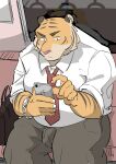  2018 absurd_res anthro bottomwear cellphone clothing felid hi_res humanoid_hands inside kemono male mammal necktie overweight overweight_male pantherine pants phone shirt sitting smartphone solo tiger topwear ujishiyo 