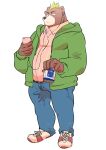  2019 absurd_res anthro ashigara belly black_nose bottomwear brown_body can cellphone clothing container headphones hi_res hoodie humanoid_hands kemono lifewonders listening_to_music male mammal overweight overweight_male pants phone shirt smartphone solo tokyo_afterschool_summoners topwear ujishiyo ursid video_games 