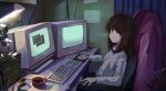  1girl :o bangs blue_curtain brown_hair chair crt cup curtains desk desk_lamp floppy_disk from_side grey_eyes grey_shirt hair_intakes highres indoors keyboard_(computer) kgt_(pixiv12957613) lamp long_hair long_sleeves looking_at_viewer mouse_(computer) office_chair open_mouth original paper plant potted_plant shirt shorts sitting solo 
