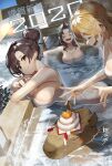  3girls absurdres antenna_hair bathing blonde_hair blush breasts brown_eyes brown_hair capybara cleavage closed_eyes closed_mouth collarbone food fruit hair_bun head_tilt highres large_breasts long_hair looking_at_viewer mandarin_orange mountain multiple_girls naked_towel onsen open_mouth original outdoors partially_submerged scottie_(phantom2) shiny shiny_hair short_hair signature smile steam sun towel water 