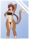  2022 abs absurd_res anthro breasts brown_body brown_fur chest_tuft clothing dipstick_ears dipstick_tail domestic_cat eyebrow_through_hair eyebrows eyelashes felid feline felis female fur gloves_(marking) green_eyes gris_swimsuit hair hand_behind_head hand_on_hip hi_res highlights_(coloring) inner_ear_fluff leg_markings long_hair looking_at_viewer mammal markings meme meme_clothing multicolored_ears muscular muscular_female navel one-piece_swimsuit one_eye_closed open_mouth open_smile red_highlights scorpdk smile socks_(marking) solo swimwear tail_markings translucent translucent_clothing translucent_hair translucent_swimwear tuft 