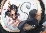  159cm 1girl :d animal_ears black_hair black_sailor_collar black_skirt brown_eyes dragon_girl dragon_horns horns lamia long_sleeves looking_at_viewer low_twintails monster_girl neckerchief original own_hands_together pleated_skirt red_neckerchief sailor_collar shirt skirt smile solo twintails underwater white_shirt 
