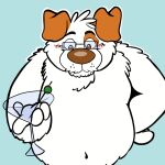  2022 anthro belly biped blue_background blush brown_nose canid canine canis domestic_dog eyewear glasses humanoid_hands jakegr mammal navel overweight simple_background solo white_body 