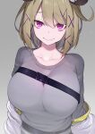  1girl animal_ear_fluff animal_ears arknights bangs breasts brown_hair chest_strap collarbone denken fang hair_ornament hairclip highres large_breasts looking_at_viewer off_shoulder purple_eyes shirt short_hair skin_fang smile solo strap upper_body utage_(arknights) x_hair_ornament 
