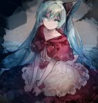  1girl apron blue_hair capelet cyawa hatsune_miku highres long_hair looking_at_viewer original parted_lips pom_pom_(clothes) red_capelet red_skirt sitting skirt solo twintails very_long_hair white_apron 