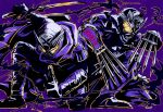  2boys another_rider_(zi-o) another_shinobi_(zi-o) claws dual_persona glowing glowing_eyes highres index_finger_raised kamen_rider kamen_rider_shinobi kamen_rider_zi-o_(series) katana kunai mask monster multiple_boys ninja purple_scarf purple_theme scarf skull skull_mask squatting sword weapon wrapping y_a_m_a_y_a yellow_eyes 