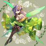  1girl :d bike_shorts boots brown_footwear brown_gloves cyawa dress fairy_wings fate/grand_order fate_(series) full_body gloves green_dress hair_ribbon hand_up highres looking_at_viewer muryan_(fate) open_mouth purple_eyes purple_hair ribbon smile solo thigh_boots thighhighs wings yellow_ribbon 