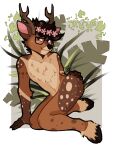  absurd_res ambiguous_gender anthro antlers brown_body brown_fur cervid ear_piercing eyewear flower flower_crown fur glasses hair harald_horfager hex_degoli hi_res hooves horn looking_at_viewer mammal neck_tuft piercing plant simple_background smile solo tuft 