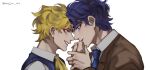  2boys ascot blonde_hair blue_eyes blue_hair dio_brando jojo_no_kimyou_na_bouken jonathan_joestar kiss kissing_hand male_focus multiple_boys phantom_blood red_eyes sempon_(doppio_note) younger 