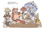  +++ 2boys 3girls :d :o animal_ears asaya_minoru bare_shoulders black_hair blue_hair boned_meat braid breasts brown_hair cleavage closed_eyes closed_mouth cup dark-skinned_female dark_skin drinking_glass fang fediel_(granblue_fantasy) food fork galleon_(granblue_fantasy) glasses granblue_fantasy hair_between_eyes hands_up holding holding_cup holding_tray holding_umbrella horns large_breasts long_hair lu_woh_(granblue_fantasy) meat multiple_boys multiple_girls pectorals red_hair simple_background single_braid smile tray twitter_username umbrella very_long_hair wamdus_(granblue_fantasy) white_background white_umbrella wilnas_(granblue_fantasy) wine_glass 