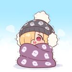  1girl blanket blonde_hair blue_background blush chibi cold earmuffs hair_over_one_eye idolmaster idolmaster_cinderella_girls one_eye_covered pink_eyes shirasaka_koume smile solo symbol-only_commentary takato_kurosuke trembling 