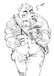  2019 absurd_res anthro ashigara bottomwear clothing eating food hi_res hot_dog humanoid_hands kemono lifewonders male mammal overweight overweight_male pants reading shirt simple_background sketch solo tokyo_afterschool_summoners topwear ujishiyo ursid video_games white_background 