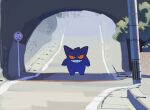  colored_sclera full_body funao_oekaki gengar grin looking_at_viewer no_humans pokemon pokemon_(creature) red_sclera road road_sign sign smile solo standing street teeth 