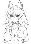  1girl animal_ears annoyed blush breast_pocket breasts closed_mouth eyebrows_visible_through_hair grey_wolf_(kemono_friends) greyscale highres kemono_friends kimurayou103 large_breasts long_hair looking_at_viewer monochrome necktie pocket sketch solo wolf_ears wolf_girl 