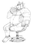  2019 absurd_res anthro balls belly canid canine canis collar domestic_dog eating food genitals hi_res humanoid_genitalia humanoid_hands humanoid_penis kemono male mammal moobs nipples overweight overweight_male penis sitting solo ujishiyo 