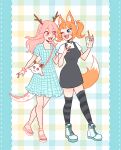  2girls absurdres animal_ears antlers bag blue_eyes breasts choker cowell cup disposable_cup dragon_girl dragon_horns dragon_tail fox_daya fox_ears fox_girl fox_tail foxdaya_(artist) hand_on_back handbag heart highres horns indie_virtual_youtuber looking_at_another mcdonald&#039;s multiple_girls orange_hair pale_skin pink_eyes pink_hair sharp_teeth smile striped striped_legwear tail teeth virtual_youtuber 