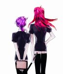  black_shorts crossover crystal_hair diavolo from_behind gem_uniform_(houseki_no_kuni) houseki_no_kuni jojo_no_kimyou_na_bouken pink_hair polka_dot_hair ponytail puffy_short_sleeves puffy_sleeves purple_hair sempon_(doppio_note) short_sleeves shorts thighhighs vento_aureo vinegar_doppio 