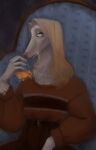  absurd_res alcohol anthro belt beverage blonde_hair blue_eyes borzoi bottomwear canid canine canis chair clothing container cup domestic_dog elbow_(sheol) fur furniture hair hi_res hunting_dog inside long_hair looking_at_viewer male male/male mammal pants sheol_(artist) sighthound sitting solo sweater topwear white_body white_fur 