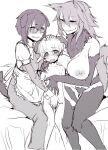  1boy 2girls age_difference animal_ears blush breasts completely_nude dog_ears dog_tags female_pubic_hair glasses goat_ears goat_horns hair_between_eyes half-closed_eyes horizontal_pupils horns large_breasts long_hair maid monochrome multiple_girls nipples nude onee-shota open_mouth original pubic_hair round_eyewear sitting smile solopipb wrist_cuffs 