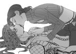  blood blood_in_mouth cleavage_cutout clothing_cutout diavolo eyelashes face-to-face fishnet_top fishnets freckles greyscale jojo_no_kimyou_na_bouken kiss long_hair lying male_focus midriff monochrome on_back polka_dot_hair ribbed_sweater sempon_(doppio_note) sweater turtleneck vento_aureo vinegar_doppio yaoi 