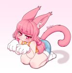  1girl animal_ear_fluff animal_ears bangs bell blue_shorts blunt_bangs blush_stickers fewer_digits full_body highres jingle_bell kionant kneeling long_hair looking_to_the_side low_twintails neck_bell orange_shirt original paw_pose pink_eyes pink_hair shirt short_eyebrows short_shorts shorts signature simple_background solo tail thick_eyebrows twintails white_background wide_face 